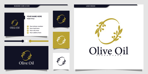 Olive oil logo with creative branch leaves shape and business card design Premium vektor