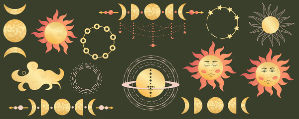 Obraz na płótnie Canvas Phases of the moon,heavenly sun in set on dark background. Mystical sacred astrology with stars, cloud. Golden figures, elements in celestial bodies. Vector illustration. Moon phases and sun with face