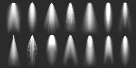 Spotlights collection. Bright light beam. Transparent realistic effect. Stage lighting. Glowing light rays. Vector illustration.