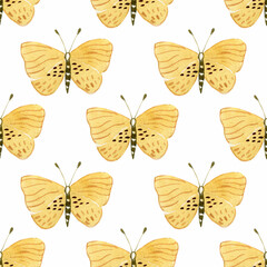 Seamless pattern with beautiful butterflies hand drawn watercolor. Cute nature endless background.