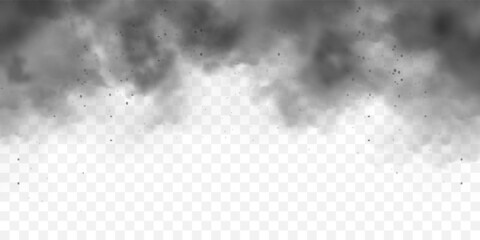 Black realistic smoke, dust clouds. Dirty polluted smog or fog with dirt particles. Air pollution, mist effect. Smoke from fire or explosion. Vector illustration