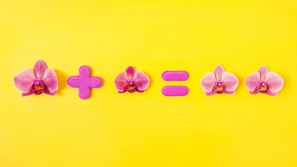Pink orchid flowers aligned with plus and equal sign making an equation against yellow background. Minimal creative concept for banner or advertisement