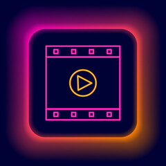 Glowing neon line Play Video icon isolated on black background. Film strip sign. Colorful outline concept. Vector