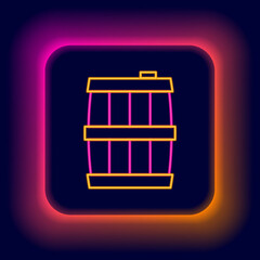 Glowing neon line Wooden barrel icon isolated on black background. Alcohol barrel, drink container, wooden keg for beer, whiskey, wine. Colorful outline concept. Vector