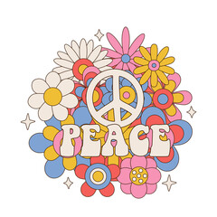 Fototapeta premium Peace sign and word on colorful flowers round daisy bouquet isolated on white background. Linear color vector illustration.