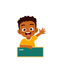 little kid holding name tag and feel happy