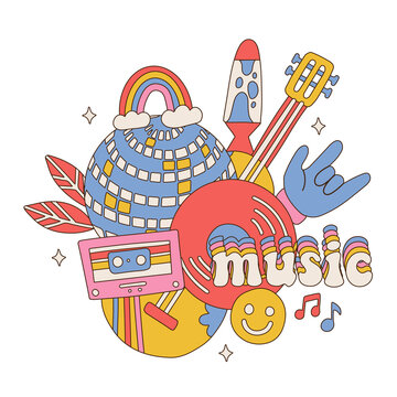 70s Retro music isolated concept. Vintage music elements composition with mirror ball, guitar, record, cassette. Party design concept for print, sticker, tee shirt. Vector hand drawn illustration.