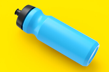 Blue plastic sport shaker for protein drink isolated on yellow background.