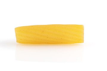 Raw pasta tubes, tortiglioni or elicoidali isolated on white background. Close-up.