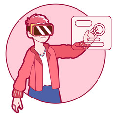 Young man Virtual reality glasses Game simulator Vector illustration