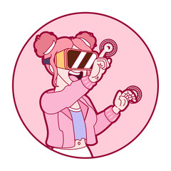 Young woman Virtual reality glasses Game simulator Vector illustration