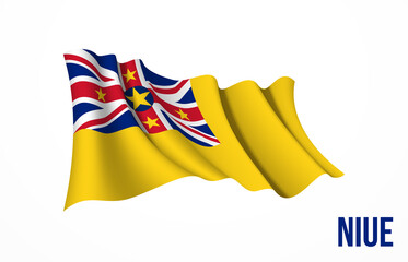 Niue flag state symbol isolated on background national banner. Greeting card National Independence Day of the republic of Niue. Illustration banner with realistic state flag.