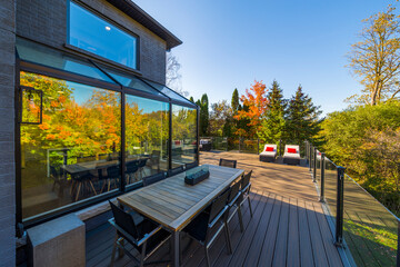 Backyard deck of custom built luxury house in the suburbs of Toronto, Canada.