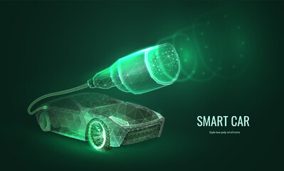 Electric car with charger in digital futuristic style. Recharging station for vehicles with light effect. Vector illustration of smart ev in neon style on a green background.