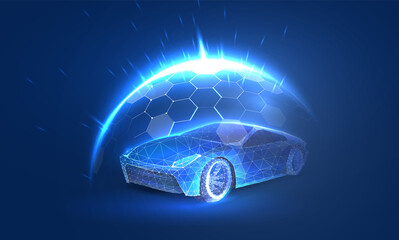Dome force field over the car in a futuristic polygonal style. Power protect shield concept of care and vehicle insurance against risks. Vector illustration with light effect and neon.