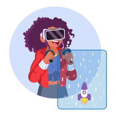 Young woman Virtual reality glasses Game simulator Vector illustration