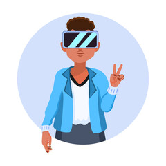 Young man Virtual reality glasses Game simulator Vector illustration
