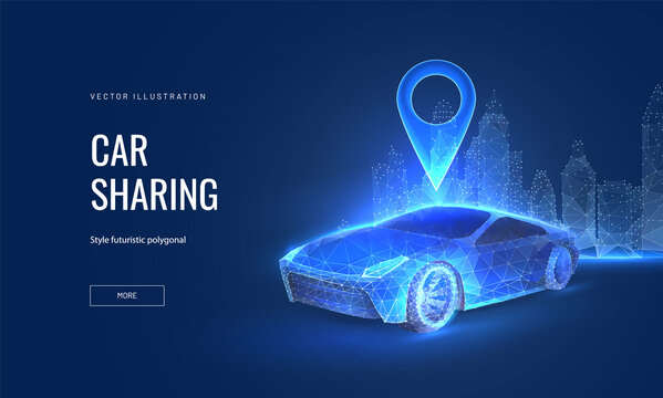 ?ar locations in the city in a digital futuristic polygonal style. Concept for car rental or carsharing or car parking. Vector illustration with light effect and neon.