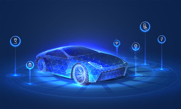 Automotive diagnostics in digital futuristic style. ?oncept for auto future or the development of innovations and technologies in vehicles. Vector illustration with light effect and neon