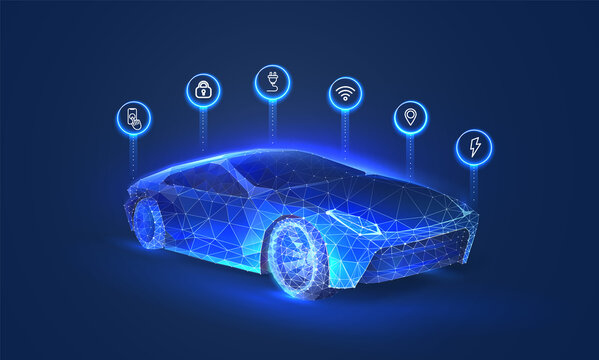 Smart machine diagnostics in digital futuristic style. Electro car hologram on a blue background. Vector illustration with light effect and neon