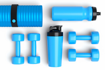 Isometric view of sport equipment like yoga mat, water bottle and dumbbell