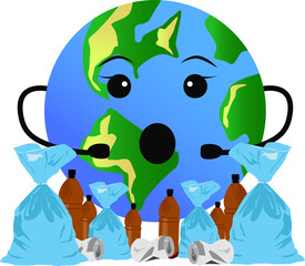 Vector illustration of the planet Earth in the trash. There is a lot of garbage around the Earth. 