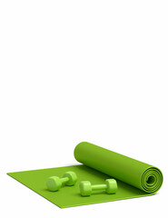 Isometric view of sport equipment like yoga mat and dumbbell on white