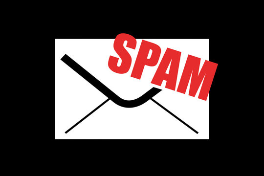 Spam filter - spam and unsolicited electronic message, mail, email and e-mail is detected and labeled as unrequested, unwanted. Vector illustration isolated on black.