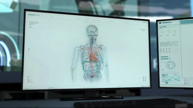 Anatomical examination system is checking the organ heath of the patient. Anatomical examination system studying the organs. Anatomical examination system testing the patients heart. Hospital. UI.