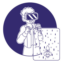 Young man Virtual reality glasses Game simulator Vector illustration