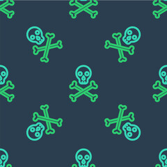 Fototapeta premium Line Skull on crossbones icon isolated seamless pattern on blue background. Happy Halloween party. Vector