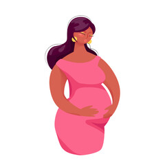 Cute pregnant woman in pink dress holds her belly. Side view of happy expecting mother. Concept of motherhood and pregnancy in a cartoon style. Flat vector illustration isolated on white background.