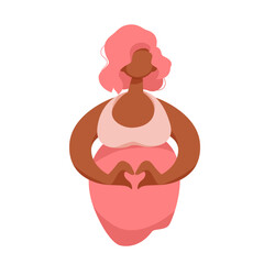 Cute pregnant girl with pink hair front view shows heart sign with hands. Concept of happy pregnancy, health and care. Minimalistic design in flat cartoon style. Vector illustration isolated.