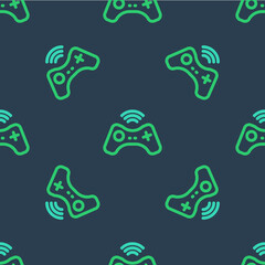 Line Wireless gamepad icon isolated seamless pattern on blue background. Game controller. Vector