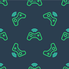 Line Wireless gamepad icon isolated seamless pattern on blue background. Game controller. Vector