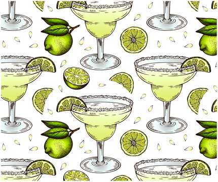 Sketch hand drawn pattern of Margarita cocktail in glass with a slice of green lime isolated on white background. Drawing alcohol drink wallpaper. Summer bar menu, lemon beverage. Vector illustration.
