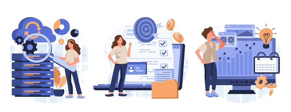 Enterprise strategy development abstract concept vector illustration set. Business Intelligence and business rule, big data analytics, application software, data management abstract metaphor.