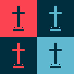 Pop art Grave with cross icon isolated on color background. Vector