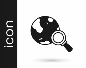 Fototapeta premium Black Magnifying glass with globe icon isolated on white background. Analyzing the world. Global search sign. Vector
