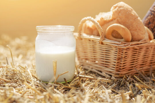 A jar of fresh milk in a field on straw next to a basket filled with bread products. Fresh baked cereals. World Bread and Milk Day