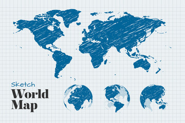 Sketch world map and earth globes showing all continents. Vector illustration template for web design, annual reports, infographics, business presentation, marketing, travel and tourism, education.