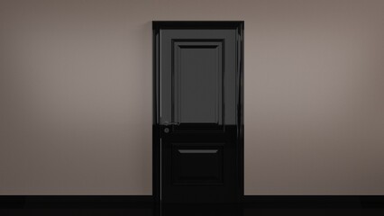 Closed black classic door isolated on bright cream background. Minimal room interior concept. Modern design, abstract metaphor, 3d rendering.
