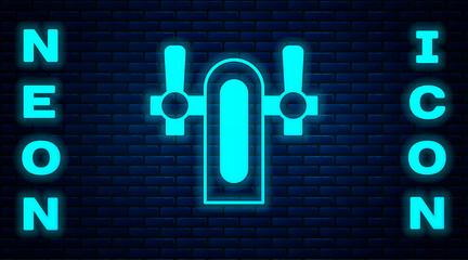 Glowing neon Beer tap icon isolated on brick wall background. Vector