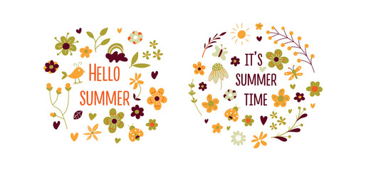 Fototapeta na wymiar Collection of colored beautiful summer stickers pack. Summer hand drawn lettering vector set. Cozy design elements decorative bundle. All objects are separated. Hand drawn. Vector illustration.