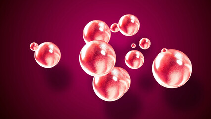 3d rendering. Amasing abstract background of metaballs or glisten bubbles as if glass drops or spheres filled with red sparkles merge together and scatter around.