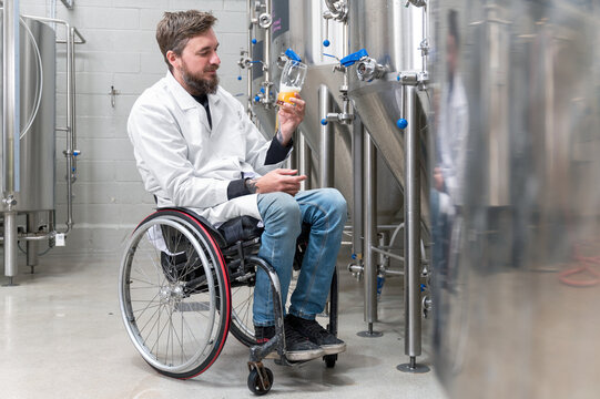 Person with disability who uses a wheelchair working at craft beer factory. High quality photography