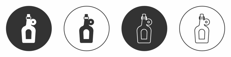 Black Bottle of maple syrup icon isolated on white background. Circle button. Vector