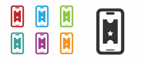 Black Buy cinema ticket online icon isolated on white background. Service Concept. Set icons colorful. Vector