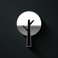Silver Tree icon isolated on black background. Forest symbol. Long shadow style. Vector