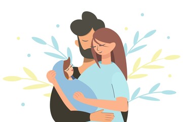 Mom dad and baby. Family day illustration. Happy married couple with newborn baby, decorative background with leaves. Flat style. The concept of love, care, family happiness.Vector design.